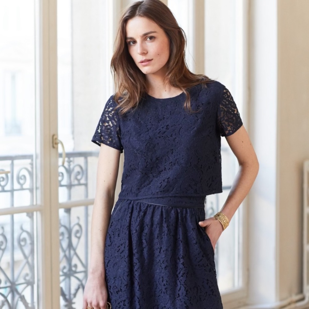 Sezane Navy Lace Crop Top